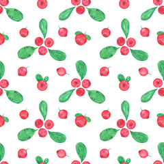 Seamless pattern cranberry watercolor. Red berry background. Wild berry, lingonberry illustration. Cranberries, green leaves, branches. For design business card, label