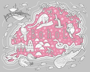 Map of Bohol island, Philippines. Vector illustration. Cartoon style. Architecture, animals, fish, showplaces, boat, tarsier, bird, snake, cat, palms, church, while shark, chocolate hills, waterfall.
