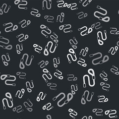 Grey Retractable cord leash with carabiner icon isolated seamless pattern on black background. Pet dog lead. Animal accessory for outdoors walk. Vector