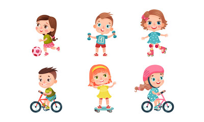 Cute Kids Lifting Dumbbells, Roller Skating, Skateboarding and Cycling Vector Set