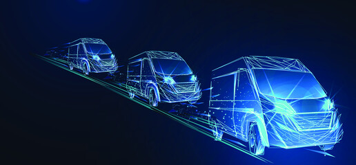 Large van. Abstract vector 3d Column of delivery vans. Isolated on blue. Transportation vehicle, delivery transport, cargo logistic concept. Freight shipping, international delivering industry. Low po