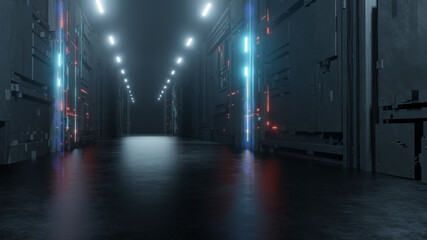 Naklejka na ściany i meble 3D Rendering of abstract sci fi corridor with led digital light. Glossy grunge reflection floor. For technology product background
