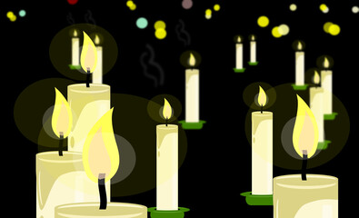 Group of candle flames burning to infinity. Illustration. Solemn scene. Fire, lighting. Depth.