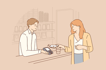 Contactless payment, online transaction concept. Young smiling woman cartoon character holding smartphone close to electronic payment machine while paying for food and drinks in cafe illustration 