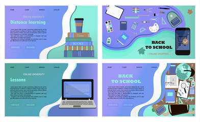 A set of vector websites for distance learning, online education and work. A flat illustration of the main page of the mobile app with a stack of books, a Cup of coffee, and a laptop for conducting