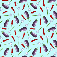 Watercolor hand drawn vegetable pattern on light blue background. Eggplant, chili pepper and garlic seamless print. Vegetables ornament design for kitchen, cafe, restaurant, greengrocery and more.