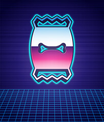 Retro style Bag of food for pet icon isolated futuristic landscape background. Food for animals. Dog bone sign. Pet food package. 80s fashion party. Vector