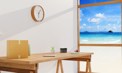 sea view workspace in bright room with wooden desk. 3d rendering