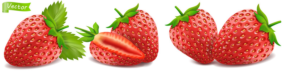 Whole strawberry and sliced half strawberry. Set ot fresh red ripe mellow berry on white background. Realistic 3d isolated vector illustration