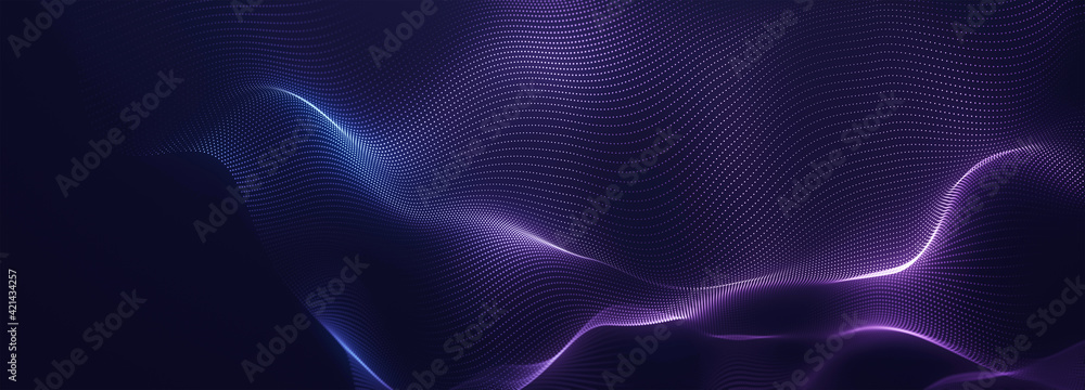 Poster abstract colorful digital particles wave with bokeh and light background, 3d render wave line dot ba