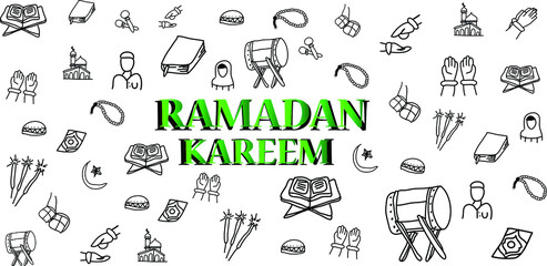 Ramadan kareem, kids doodle illustration, Islamic greeting card, banner, poster vector illustration background.