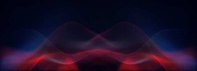 Abstract colorful digital particles wave with bokeh and light background, 3d render wave line dot background, line wave light glowing effect particular background.