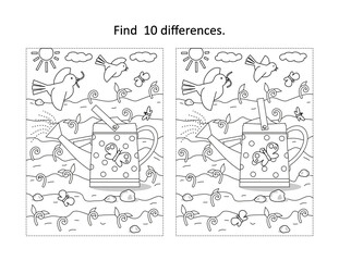 Find 10 differences visual puzzle and coloring page. Spring and gardening scene with watering can, young sprouts, birds, insects.
