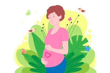Pregnancy, motherhood concept. Pregnant and happy beautiful young woman holds her belly, which depicts a heart as a symbol of a baby in the womb. Flat cartoon vector illustration. 