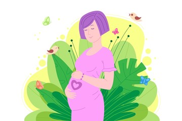 Obraz na płótnie Canvas Pregnancy, motherhood concept. Pregnant and happy beautiful young woman holds her belly, which depicts a heart as a symbol of a baby in the womb. Flat cartoon vector illustration. 