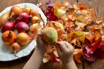 Preparing for Easter. A child is peeling onions to paint eggs. Onion husk on a wooden background. Russian family traditions