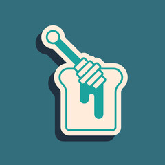 Green Honey dipper stick with dripping honey icon isolated on green background. Honey ladle. Long shadow style. Vector