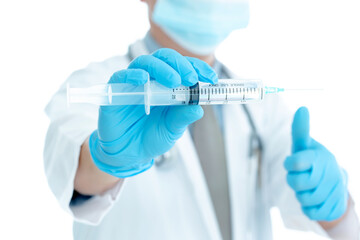 Close up vaccines fight against virus, doctor or scientist in laboratory holding a syringe with...