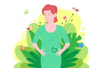 Pregnancy, motherhood concept. Pregnant and happy beautiful young woman holds her belly, which depicts a heart as a symbol of a baby in the womb. Flat cartoon vector illustration. 