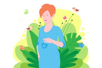 Pregnancy, motherhood concept. Pregnant and happy beautiful young woman holds her belly, which depicts a heart as a symbol of a baby in the womb. Flat cartoon vector illustration. 