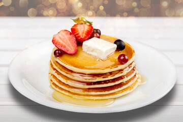 Stack of delicious pancakes, homemade breakfast concept