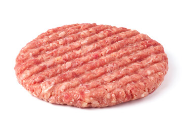 Raw beef burger cutlet isolated on white.