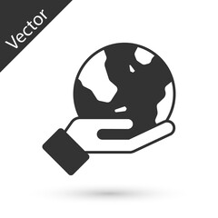 Grey Human hand holding Earth globe icon isolated on white background. Save earth concept. Vector