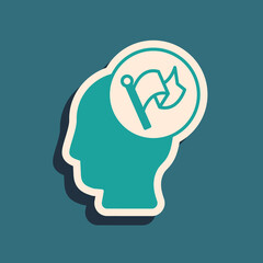 Green Hand holding flag icon isolated on green background. Victory, winning and conquer adversity concept. Long shadow style. Vector