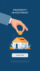 Property investment concept. Businessman's hand puts the coin into house piggy bank for real property. Putting up of money to real property for banner, web, emailing. Flat design vector illustration