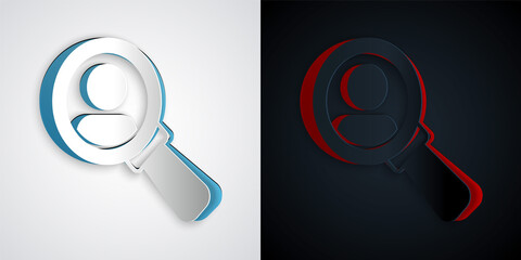 Paper cut Magnifying glass for search a people icon isolated on grey and black background. Recruitment or selection concept. Search for employees and job. Paper art style. Vector