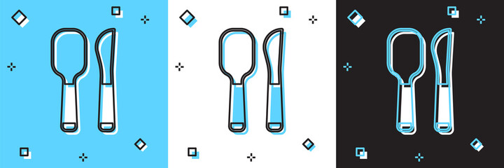 Set Knife and spoon icon isolated on blue and white, black background. Cooking utensil. Cutlery sign. Vector