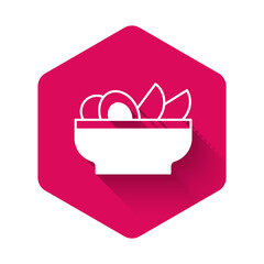 White Nachos in plate icon isolated with long shadow background. Tortilla chips or nachos tortillas. Traditional mexican fast food menu. Pink hexagon button. Vector