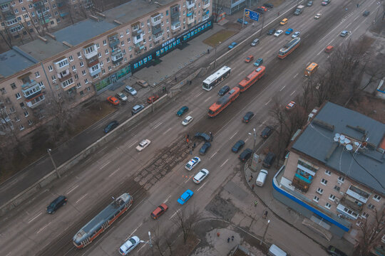Tram traffic is paralyzed due to a traffic accident. Photos with drone cars in the morning