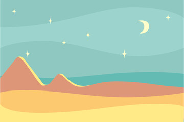 Vector flat illustration : night desert. Foggy dark sky , moon and stars. Deep blue horizon, warm beige sand, dune or mountaines with spots of moonlight. Design for card, poster, interior picture.