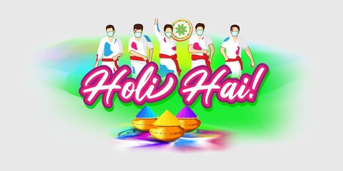 Obraz premium Vector illustration concept of Happy Holi greeting with holi elements on colorful background. The festival of colors. Popular Hindu festival.