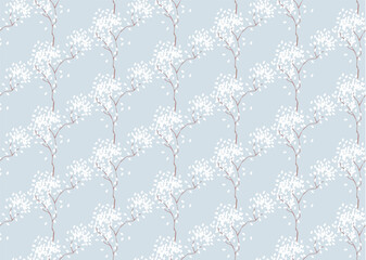 Simple seamless nature pattern with branch and flowers. Pastel blue colours, vintage retro style. Print for textile, fabrics, interior, wallpaper, baby room. 