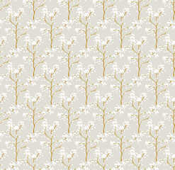 Simple seamless nature pattern with branch and flowers. Pastel colours, vintage retro style. Print for textile, fabrics, interior, wallpaper, baby room. 