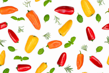 Color peppers with basil and rosemary isolated on white background. Food seamless pattern.