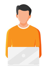 Freelancer boy works at home. Female character with notebook computer. Young man with laptop. Remote work online education, social media and seo. Flat vector illustration