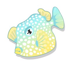 Cute blue-yellow fish isolated on white background. Vector illustration. Sea animals, underwater  wild life. Childish clothes design. Baby educate. 