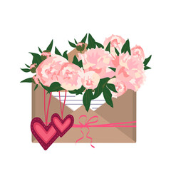 Peonies in a craft envelope with a love note and hearts