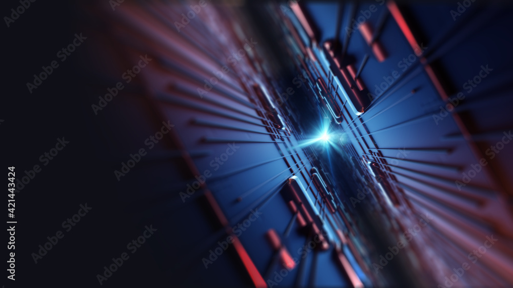 Poster Printed circuit board futuristic server. Circuit board background, can be used as digital dynamic wallpaper, technology background. 3D Render abstract background made of array of points and line.  