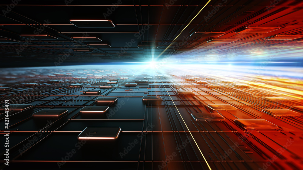 Poster Printed circuit board futuristic server. Circuit board background, can be used as digital dynamic wallpaper, technology background. 3D Render abstract background made of array of points and line.  