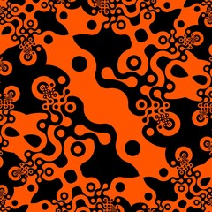contemporary design in modern art study with abstract shapes and composition in bright orange on jet black background