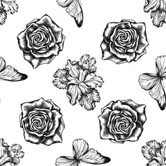 Seamless pattern with black and white iris japonica, blue morpho, roses