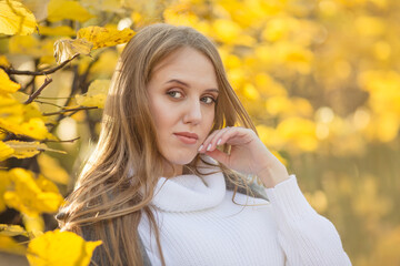 Portrait of a beautiful young woman against a background of colorful golden foliage in an autumn park. Attractive woman with light brown hair near bushes with yellow leaves. Fall season. Close-up.