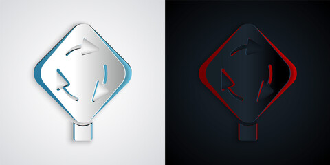 Paper cut Roundabout traffic icon isolated on grey and black background. Traffic circle road sign. Paper art style. Vector