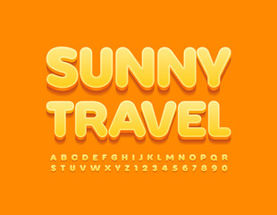 Vector bright banner Sunny Travel. Yellow 3D Font. Modern style Alphabet Letters and Numbers set