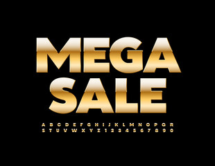 Vector premium banner Mega Sale. Shiny elite Font. Gold chic Alphabet Letters and Numbers set