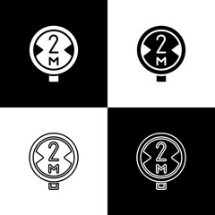 Set Road traffic sign. Signpost icon isolated on black and white background. Pointer symbol. Isolated street information sign. Direction sign. Vector